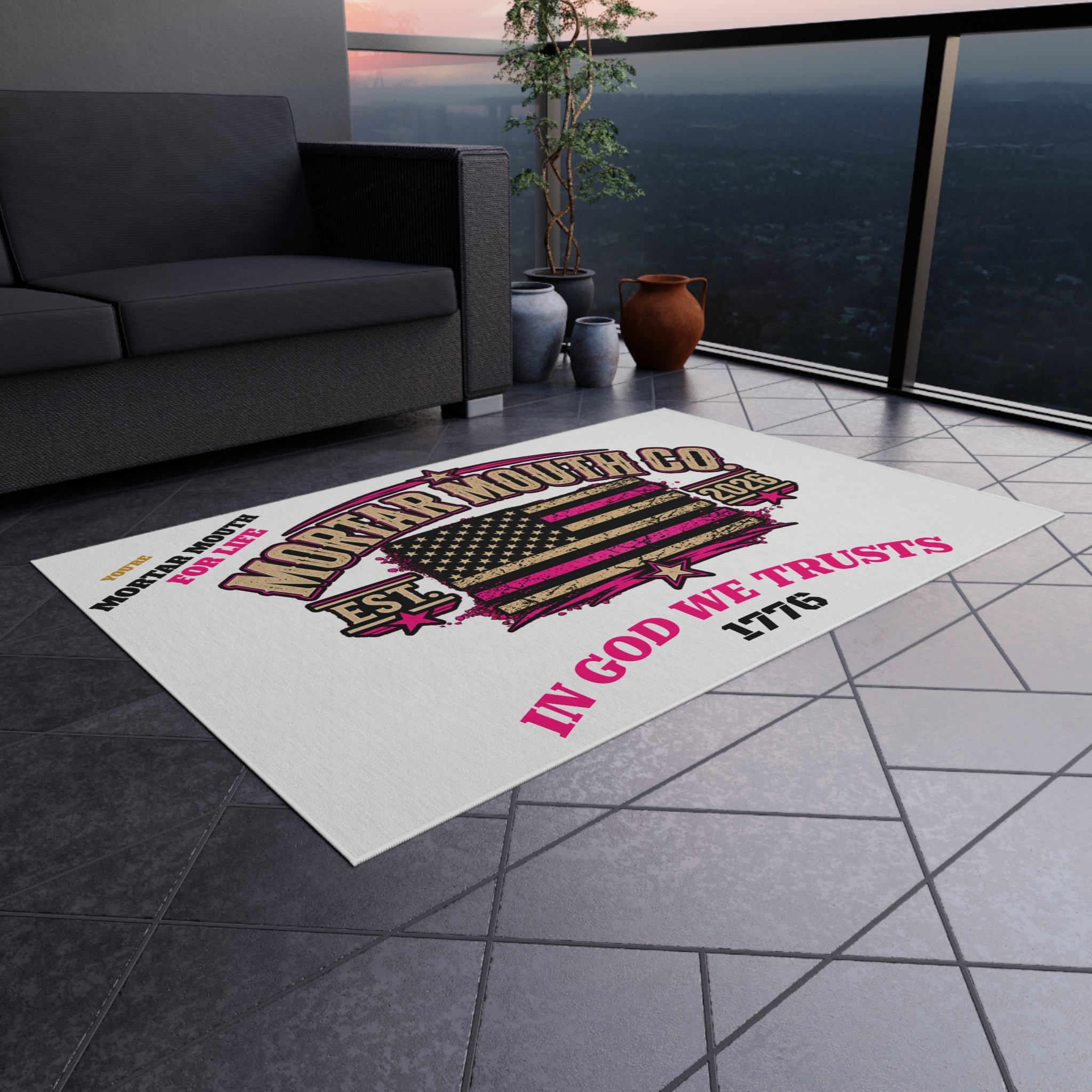 Patriotic Outdoor Rug - "Mortar Mouth Co." American Flag "In God We Trust 1776" Doormat "GIRL POWER" BECAUSE YOU'RE MADE DIFFERENT.