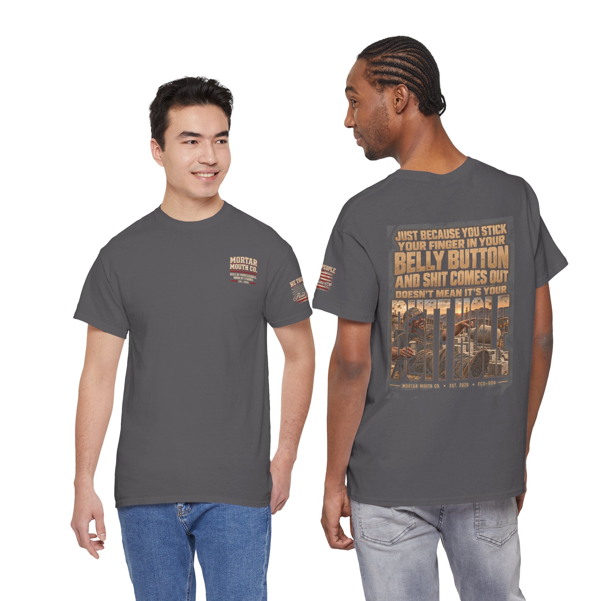 Funny Belly Button Finger Point Construction Shirt — Mason, Concrete, Labor Graphic Tee