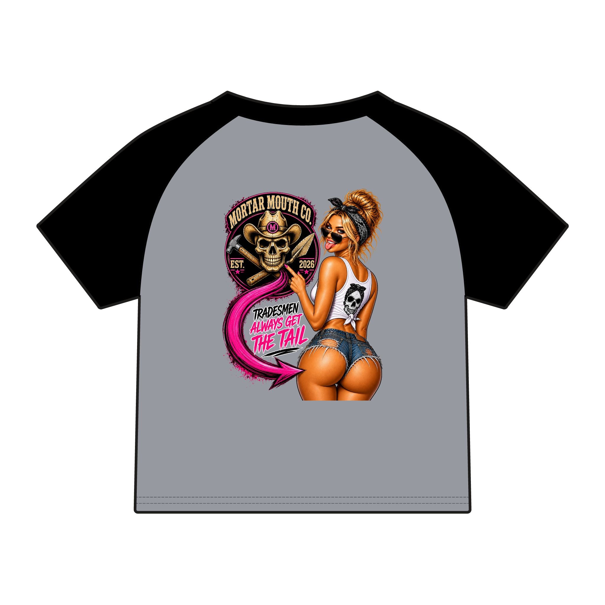 Women's Raglan Tee — Mortar Mouth Co. Pinup Skull Graphic ("Tradesmen Always Get The Tail")