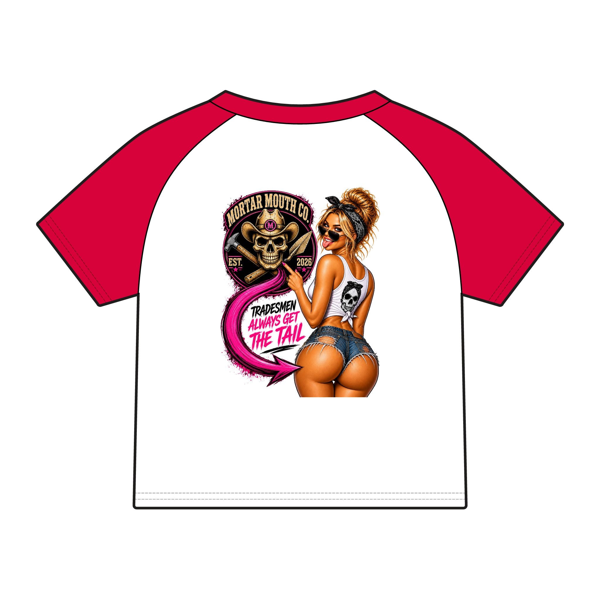 Women's Raglan Tee — Mortar Mouth Co. Pinup Skull Graphic ("Tradesmen Always Get The Tail")