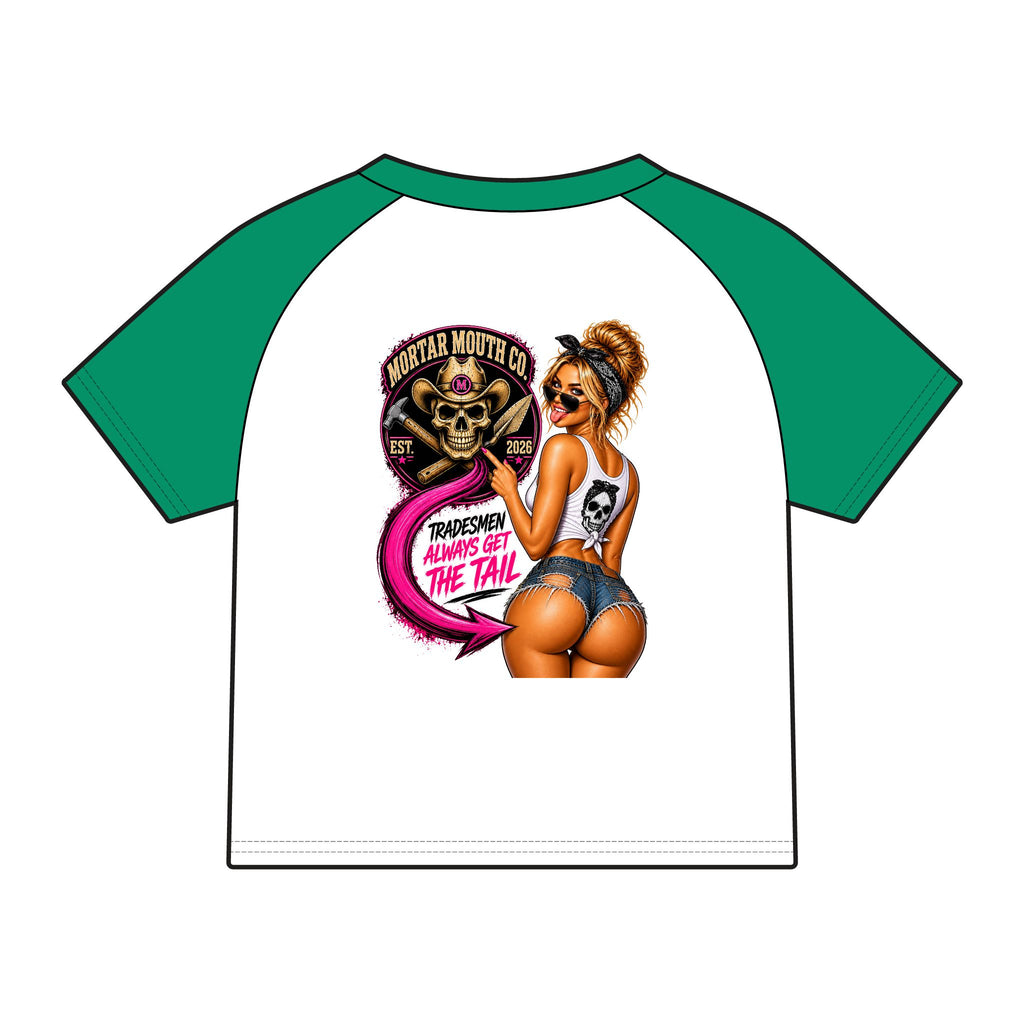 Women's Raglan Tee — Mortar Mouth Co. Pinup Skull Graphic ("Tradesmen Always Get The Tail")