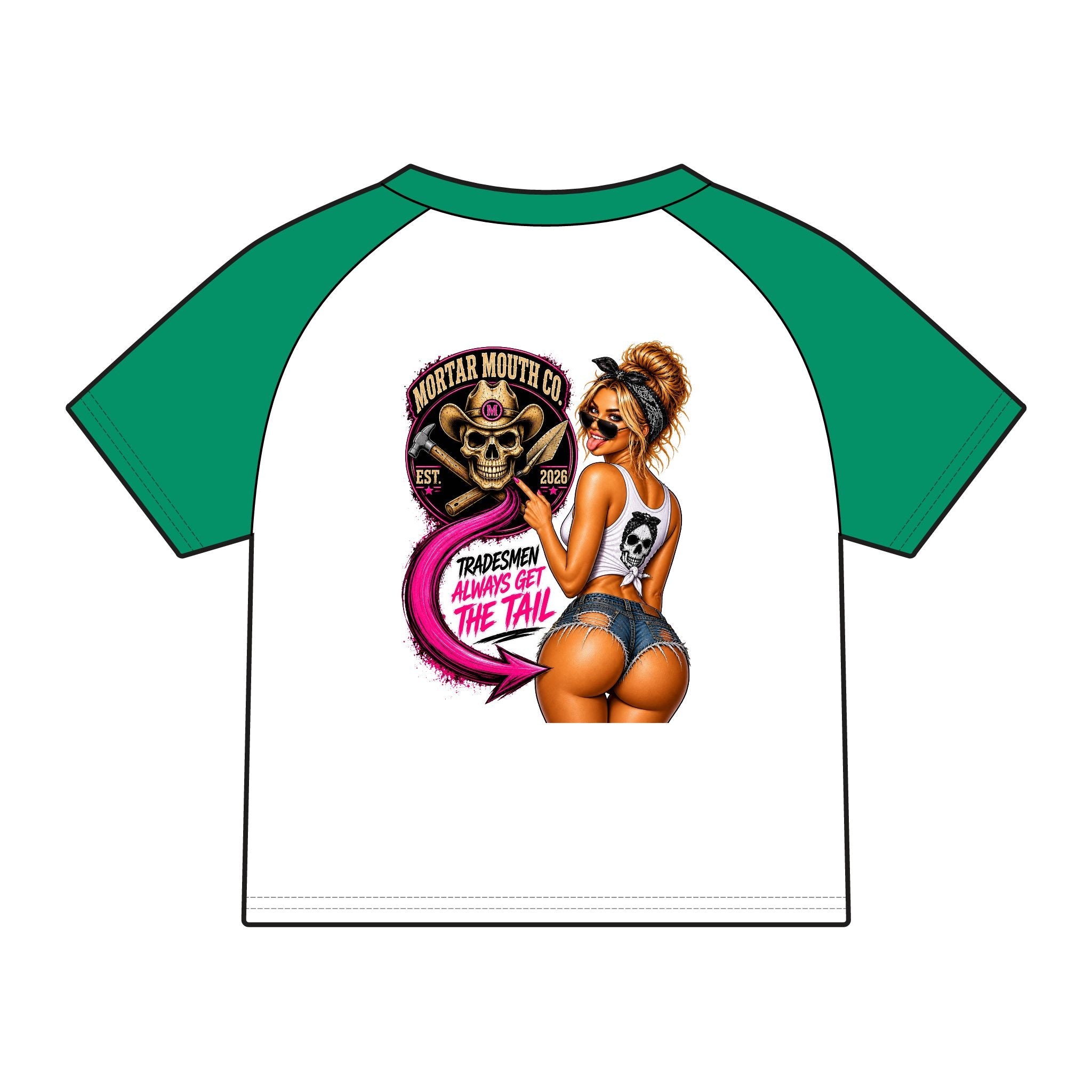 Women's Raglan Tee — Mortar Mouth Co. Pinup Skull Graphic ("Tradesmen Always Get The Tail")