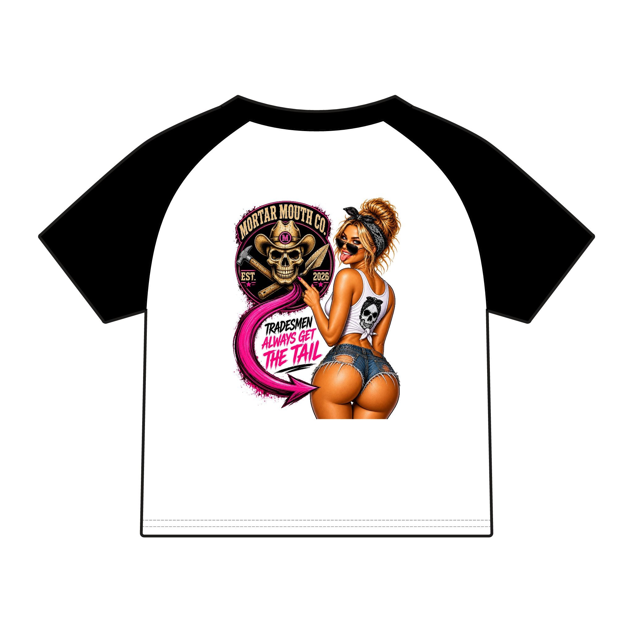 Women's Raglan Tee — Mortar Mouth Co. Pinup Skull Graphic ("Tradesmen Always Get The Tail")