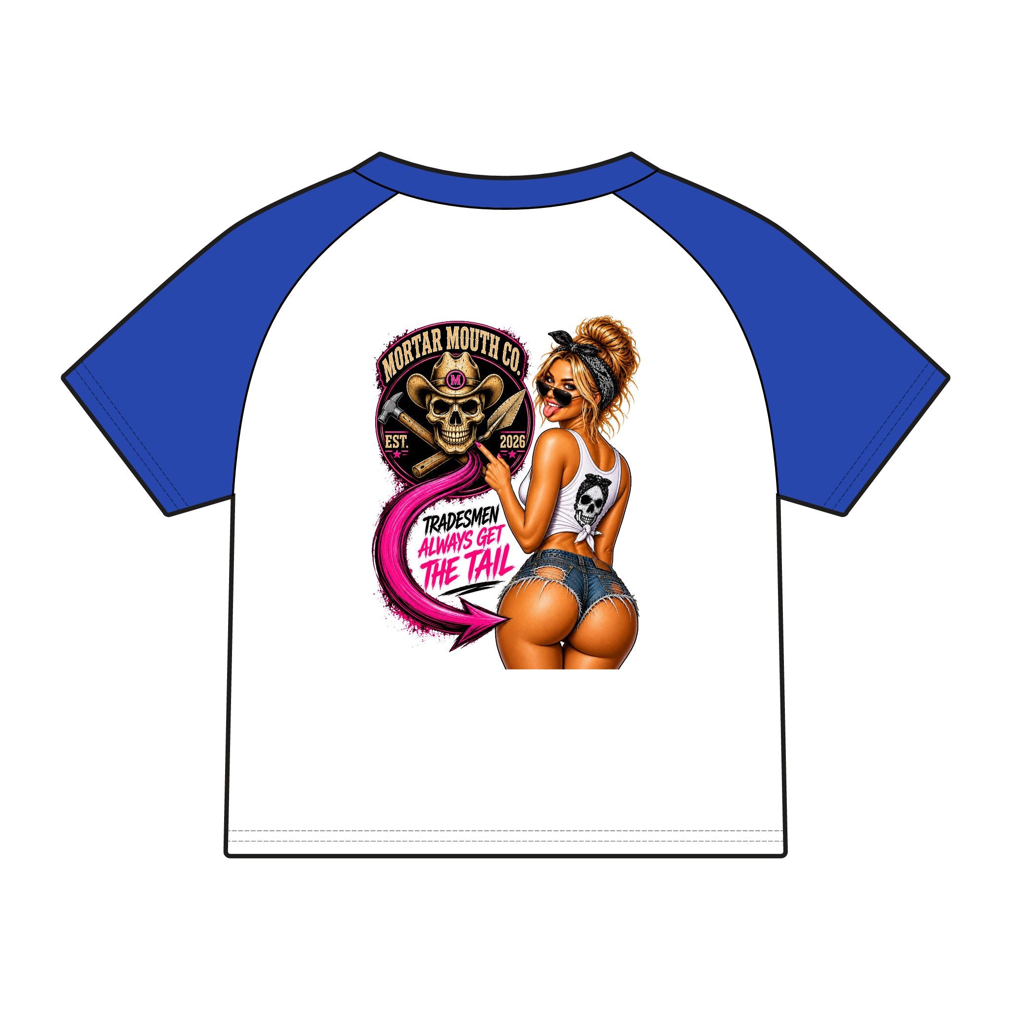 Women's Raglan Tee — Mortar Mouth Co. Pinup Skull Graphic ("Tradesmen Always Get The Tail")