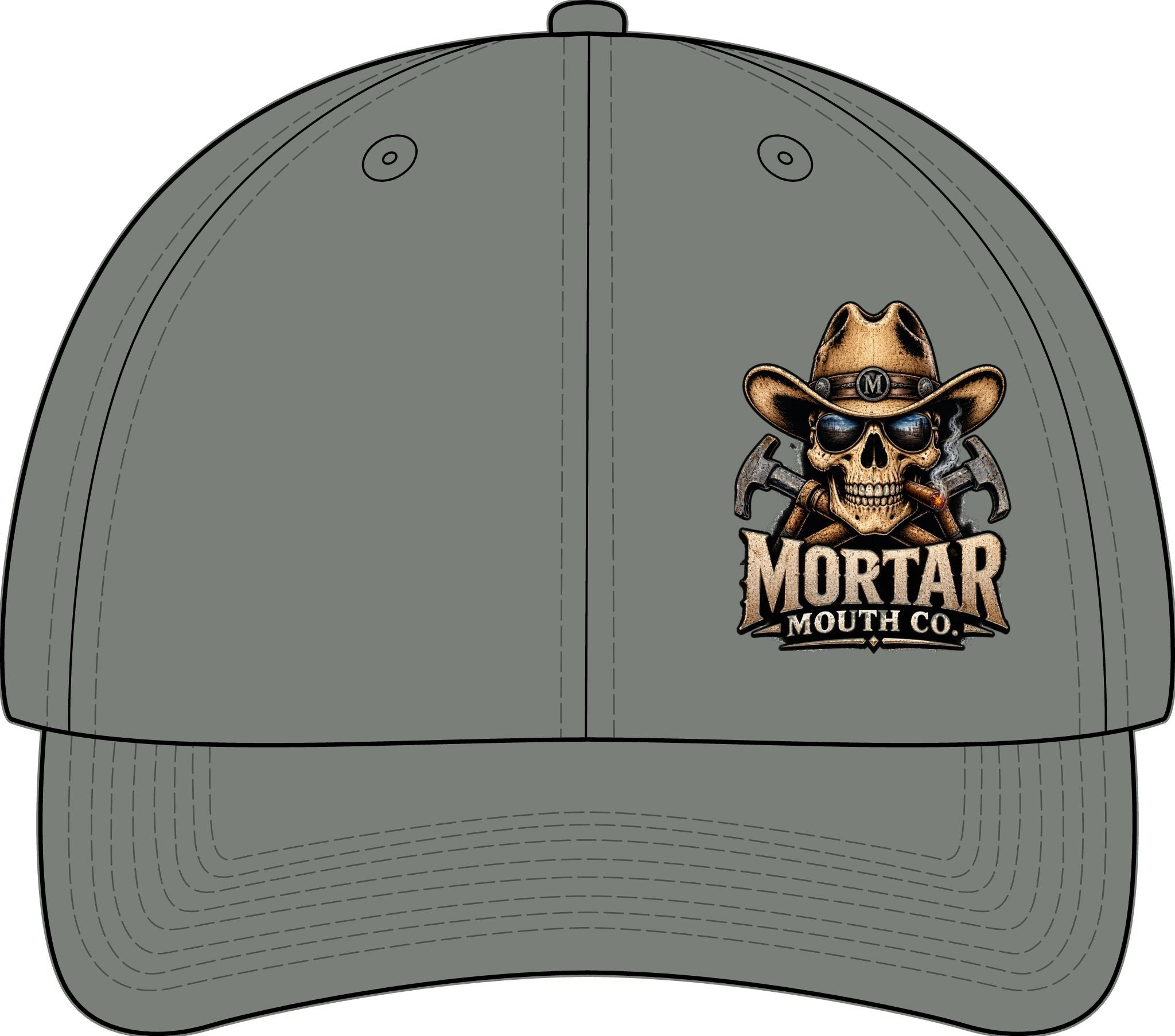 Mortar Mouth Co. Skull Cowboy Flat Bill Cap — Trucker-Style Flexfit Hat