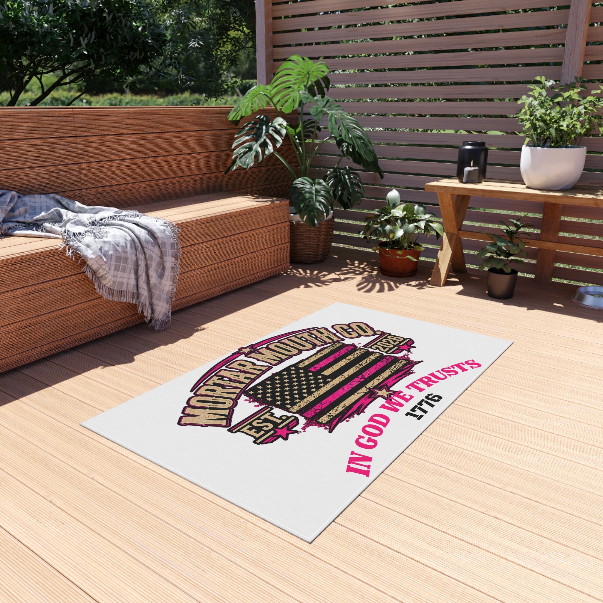 Patriotic Outdoor Rug - "Mortar Mouth Co." American Flag "In God We Trust 1776" Doormat "GIRL POWER" BECAUSE YOU'RE MADE DIFFERENT.