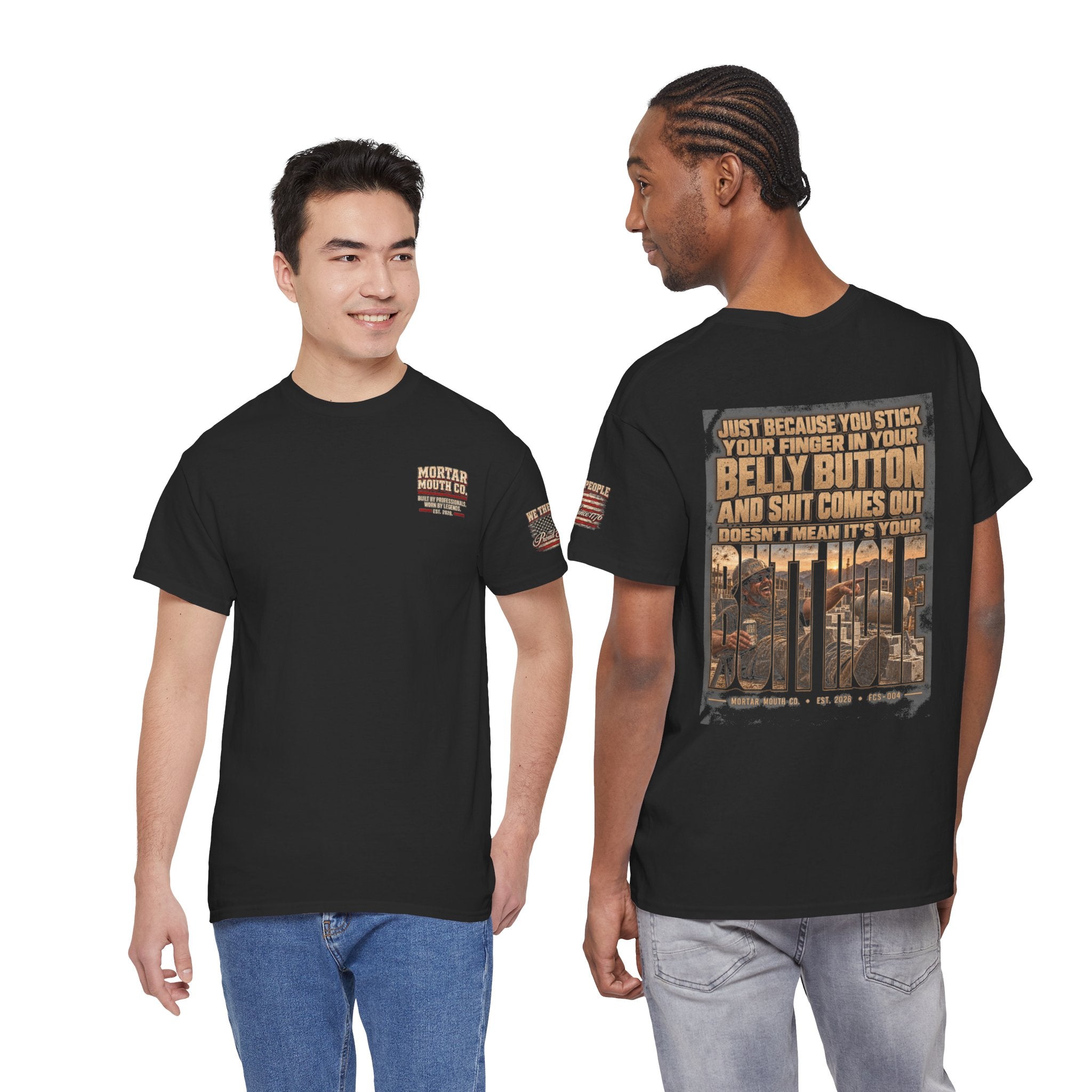 Funny Belly Button Finger Point Construction Shirt — Mason, Concrete, Labor Graphic Tee