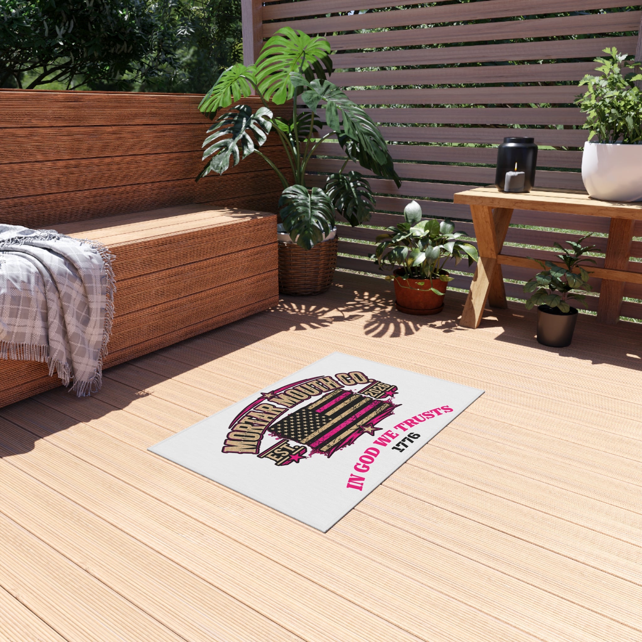 Patriotic Outdoor Rug - "Mortar Mouth Co." American Flag "In God We Trust 1776" Doormat "GIRL POWER" BECAUSE YOU'RE MADE DIFFERENT.